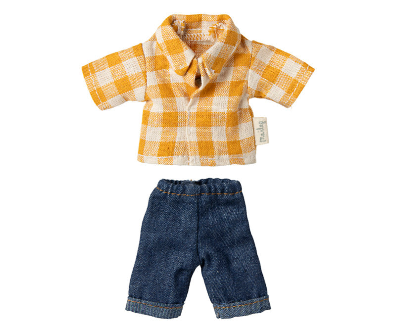 Maileg geel geruit overhemd en broek, vader muis