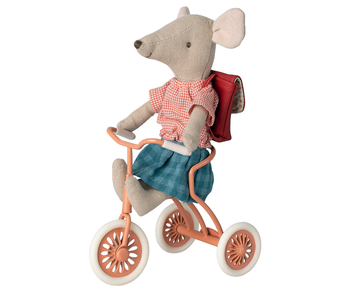 Maileg driewieler fiets voor muis in garagebox, koraal / abri a tricycle, mouse, coral