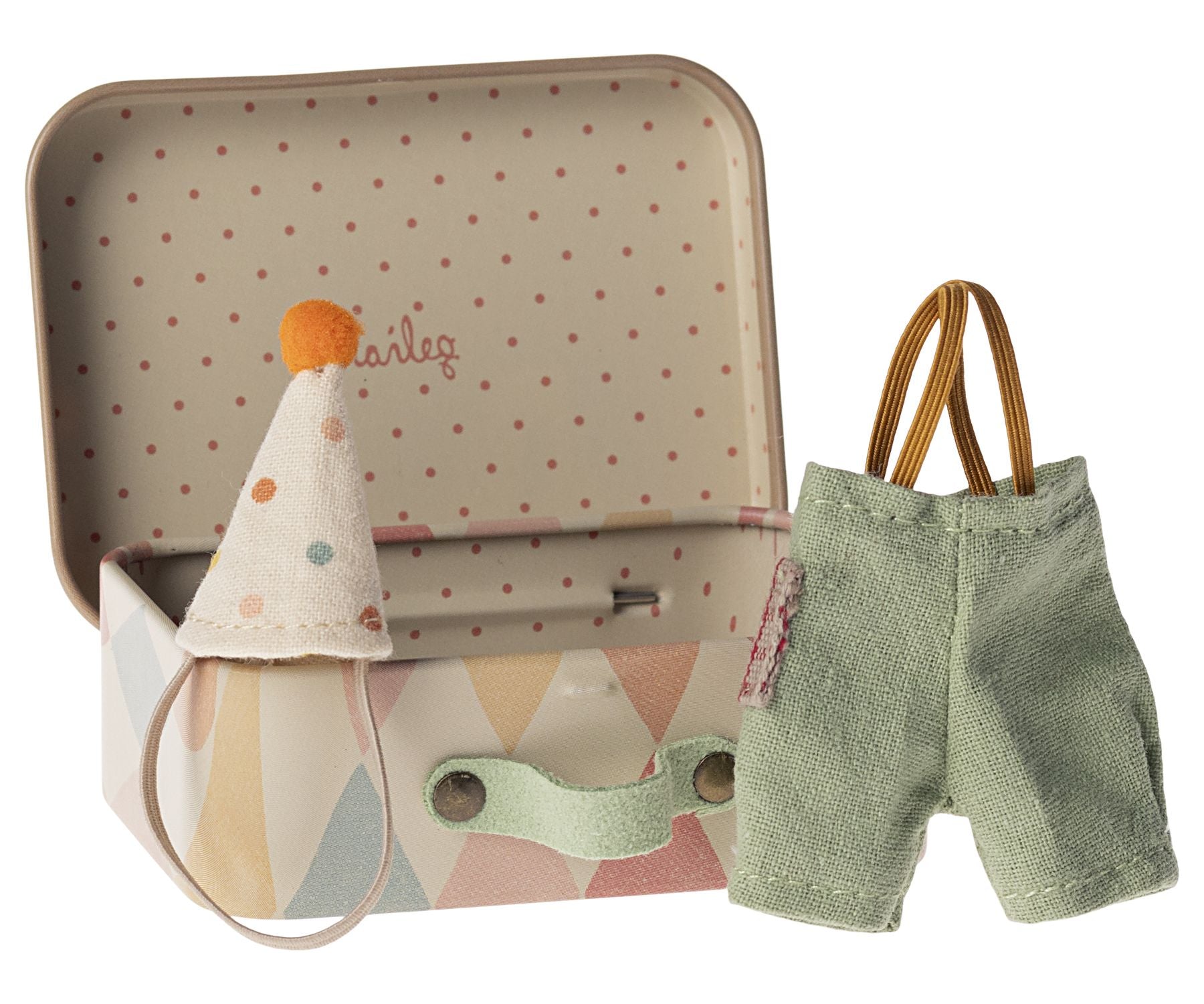 Maileg clown kleren in koffertje, kleine broer muis  / clown clothes in suitcase, little brother mouse