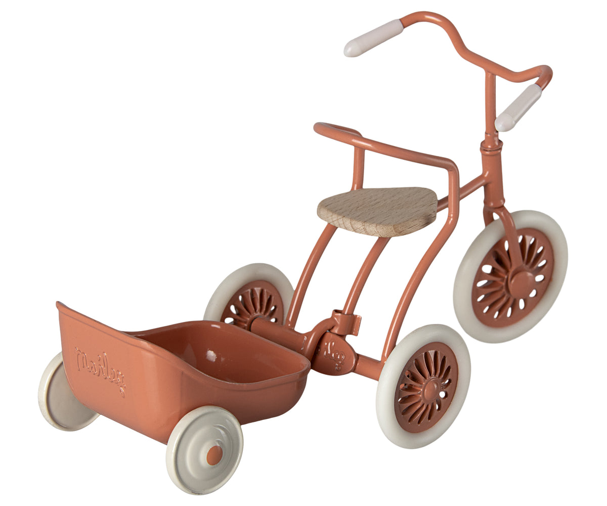 Maileg driewieler fiets voor muis in garagebox, koraal / abri a tricycle, mouse, coral