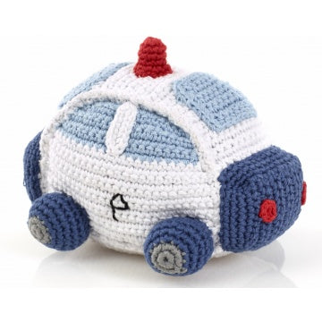 Pebble rammelaar- politie auto, blauw met wit gehaakt