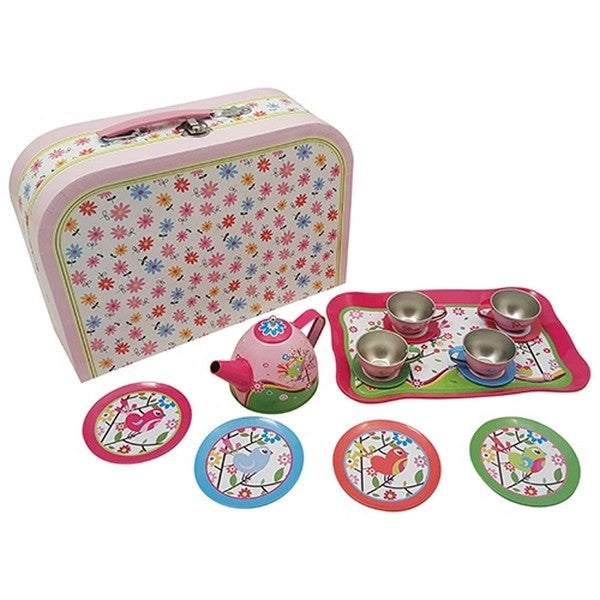 Servies tin vogeltjes in koffer