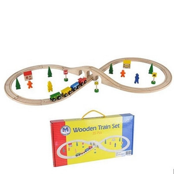 Mentari houten treinset, spoor met brug, een trein en accessoires. 35-delig