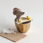 Mand met badplankje met handdoek, badeendje en sponsjes