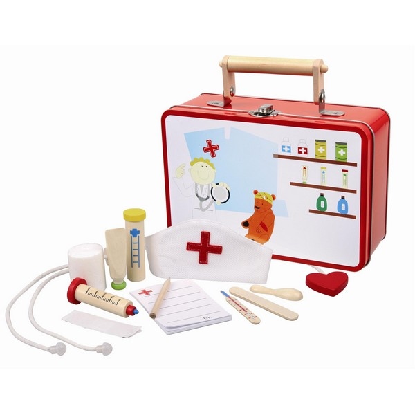 dokterskoffertje blik met houten en stoffen accessoires