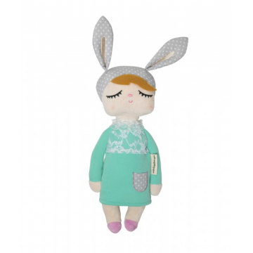 Kanindocka pop met konijnenoren, nieuw groene jurk, grijze oren