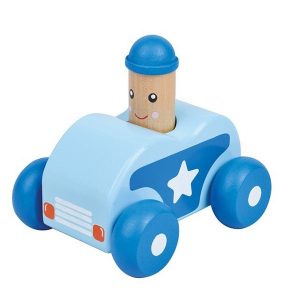 squeaky auto blauw van hout met poppetje