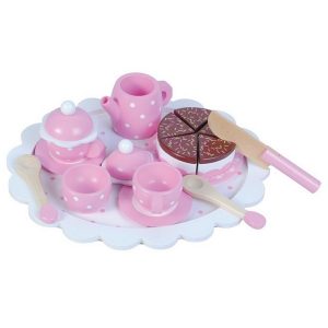 New Classic Toys houten theeservies met dienblad roze en witte stippen en chocoladetaartje