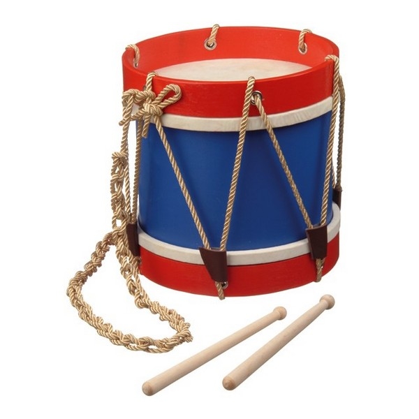 houten fanfaretrommel blauw met rood en drumstokjes