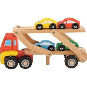 vrachtwagen hout voor autotransport met vier houten autootjes